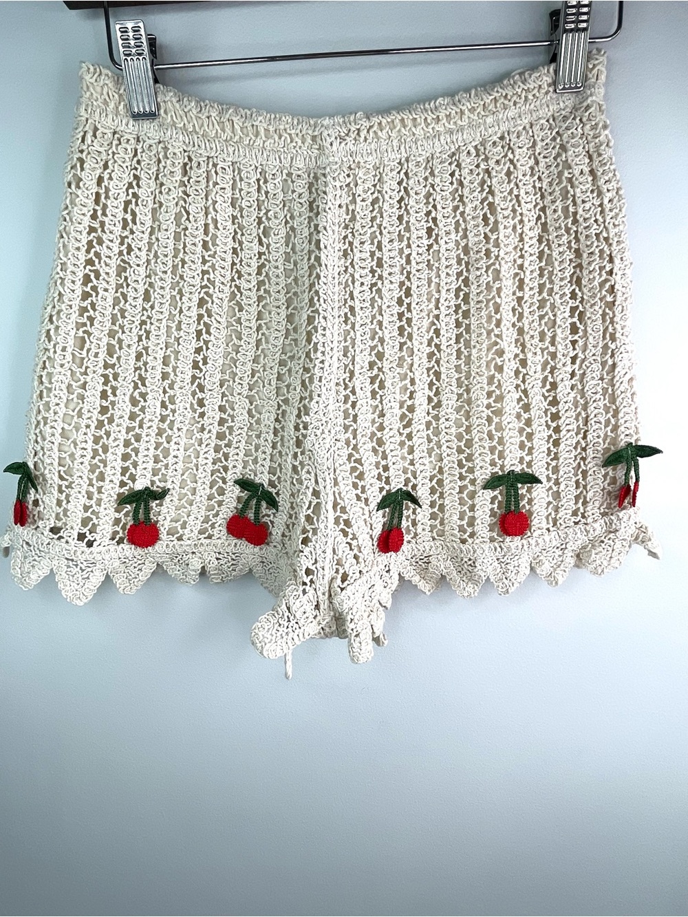 Rebellion Cream Crochet Shorts with Red Cherry Accents Size Small